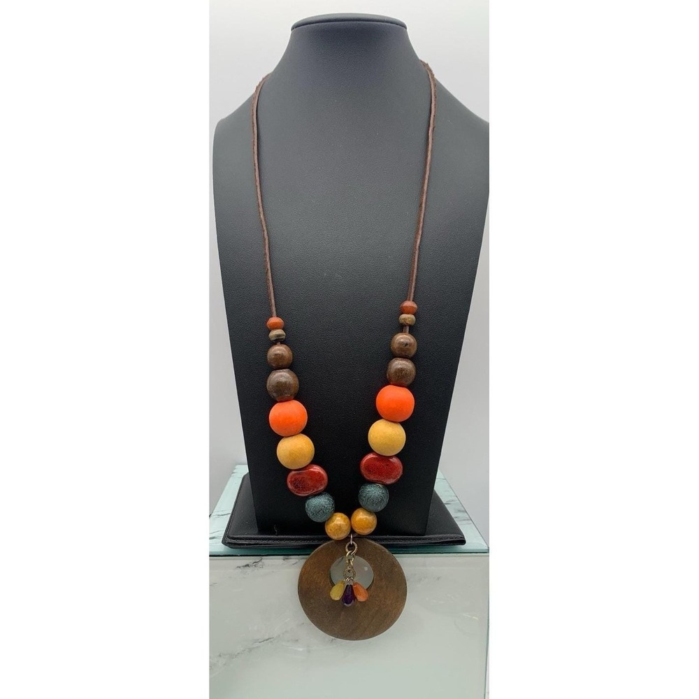 Handmade Wood And Ceramic Beaded Boho Leather Corded‎ Necklace